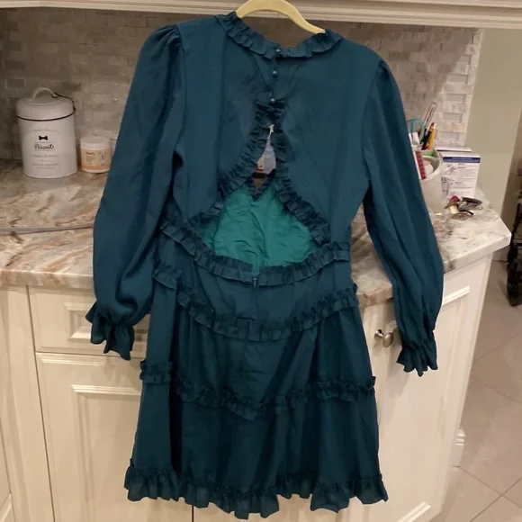 Sokoto woman spring summer deep v neck ruffle long sleeve mini dress - Picture 2 of 7